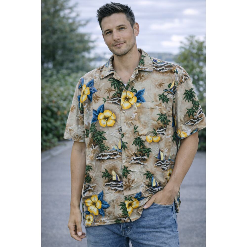 Koman‎ Sport Hawaiian Shirt XL Beige Tropical Floral Surf Print Short Sleeve